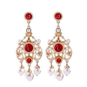 Red Rhinestone Pearl Gold Statement Dangle Earring